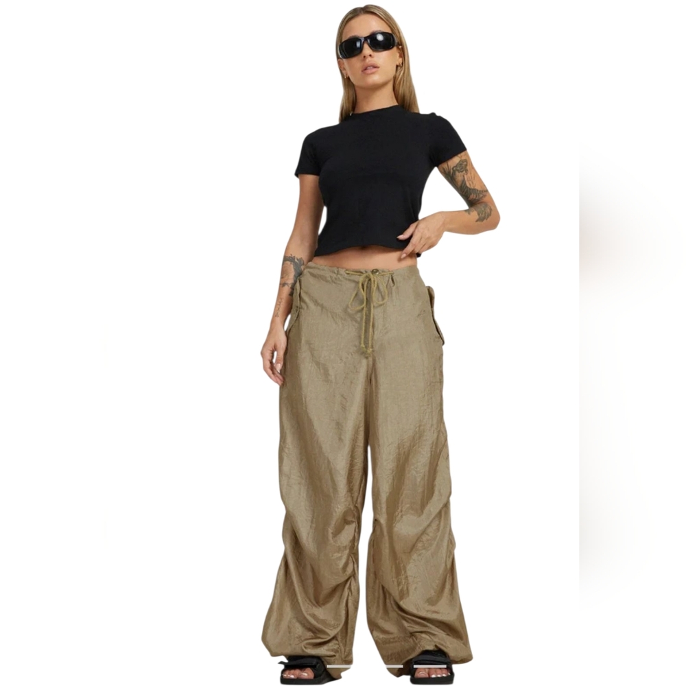 Motel Rocks Chute Parachute Pants Y2K Baggy Tortilla Tan Khaki Large Tie Waist